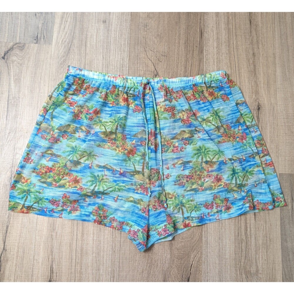 Kathy Ireland Size L Mesh Beach Shorts Tropical Hawaiian Sheer Swim Cover Up Y2K